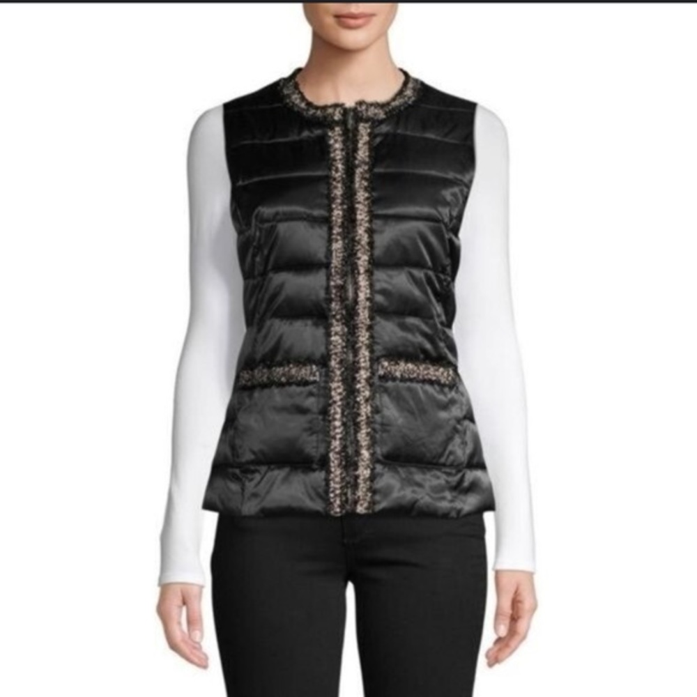 Karl Lagerfeld Black Quilted Jacket with Tweed Accents puffer vest medium